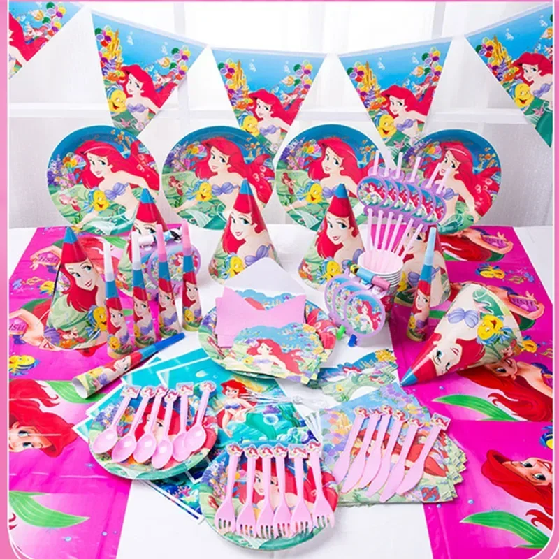 

The Little Mermaid Princess Ariel Girl Birthday Party Decoration Tableware Paper Cup Plate Backdrop Baby Shower Party Supplies