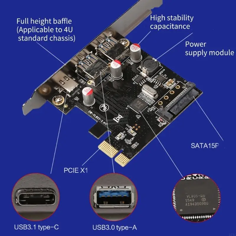 D7YC PCIe to USB Expansion Card Two Port typeA typeC Computer USB Performances
