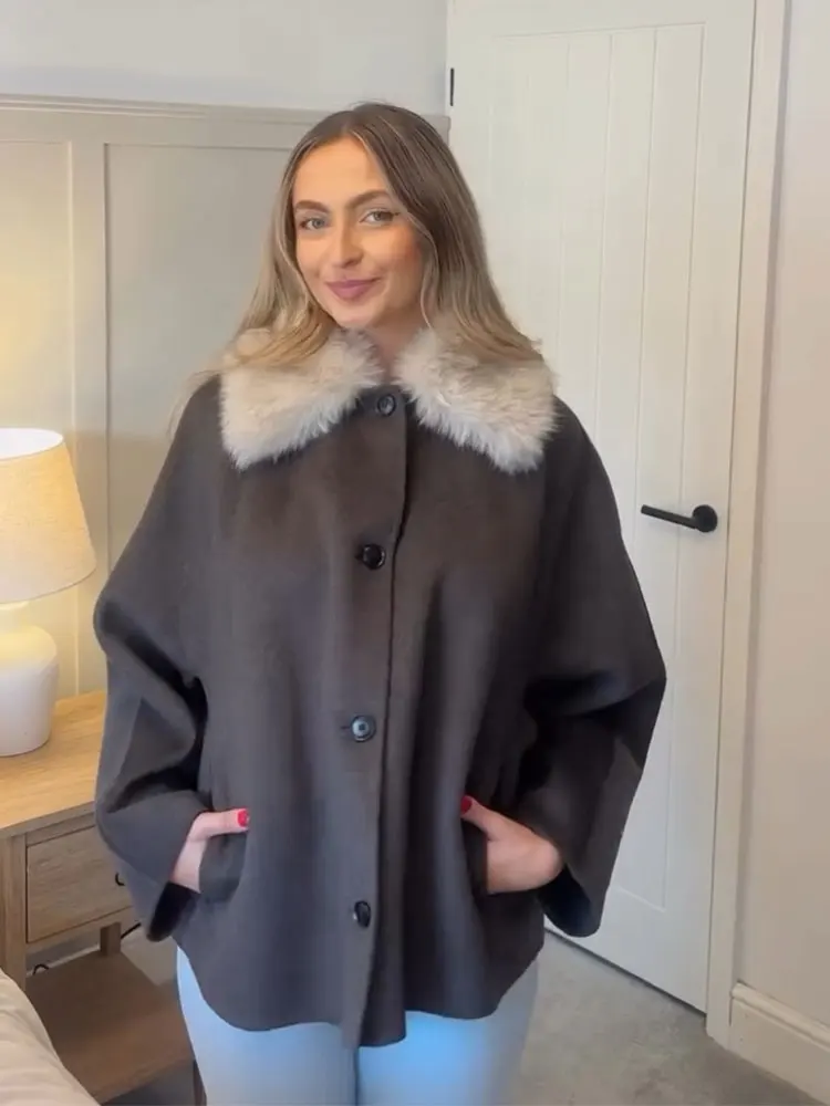 HH Women Fashion Faux Fur Lapel Woolen Coat Elegant Solid Long Sleeve Single Breasted Jackets Autumn Winter Lady Street Outwear