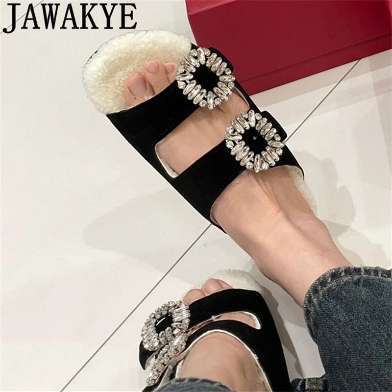 

2023 Autumn New Crystal Buckle Flats Fur Slippers Women Designer Peep Toe Slip On Mules Casual Warm Wool Slides Shoes Femininas