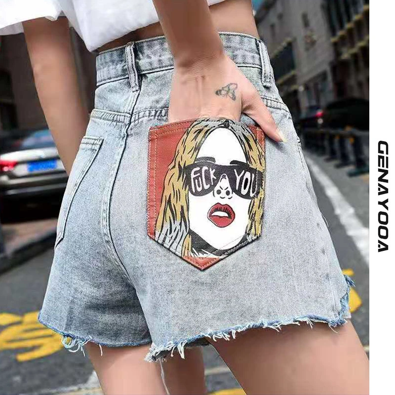 Street Clothing Cartoon Portrait Pocket Print Asymmetric High Waist Shorts Jeans 2023 Fashion Summer Korean Denim Shorts Ladies