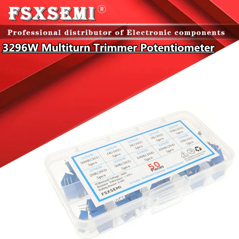 

10valuesX5pcs=50pcs 3296W Multiturn Trimmer Potentiometer Kit 3296 Variable Resistor 500R 1K 2K 5K 10K 20K 50K 100K 200K 1M +Box