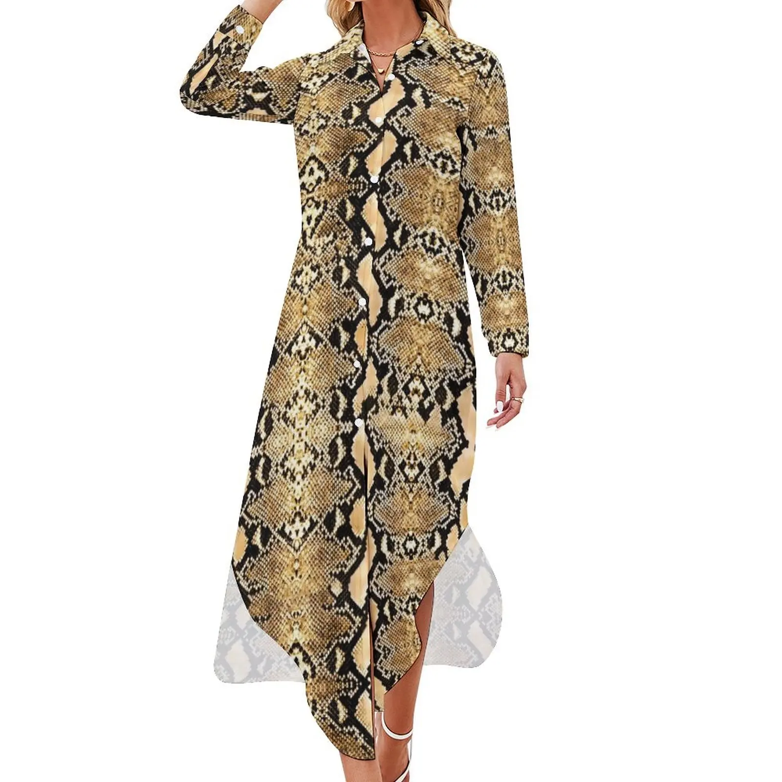 

Gold Python Snakeskin Chiffon Dress Animal Beach Dresses Women Long Sleeve Street Style V Neck Graphic Big Size Casual Dress