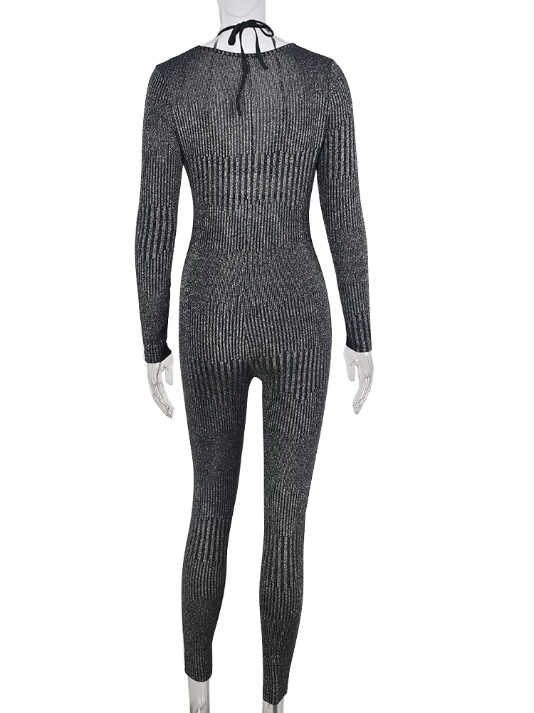 Sexy Low Cut Long Sleeve Glitter Jumpsuit Women Mesh Patchwork Fashion Streetwear Camisole Bodycon One Piece Rompers 2023 Summer