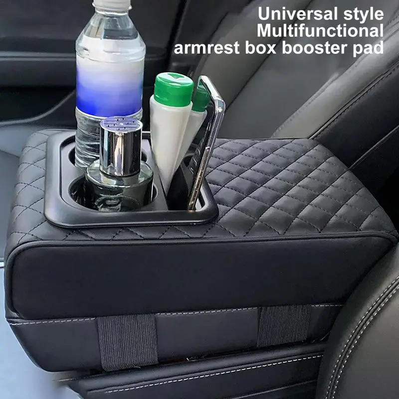 Almohadilla de altura para Reposabrazos de coche, cojín impermeable para Reposabrazos de consola central con 2 portavasos, espuma de memoria, cuero PU