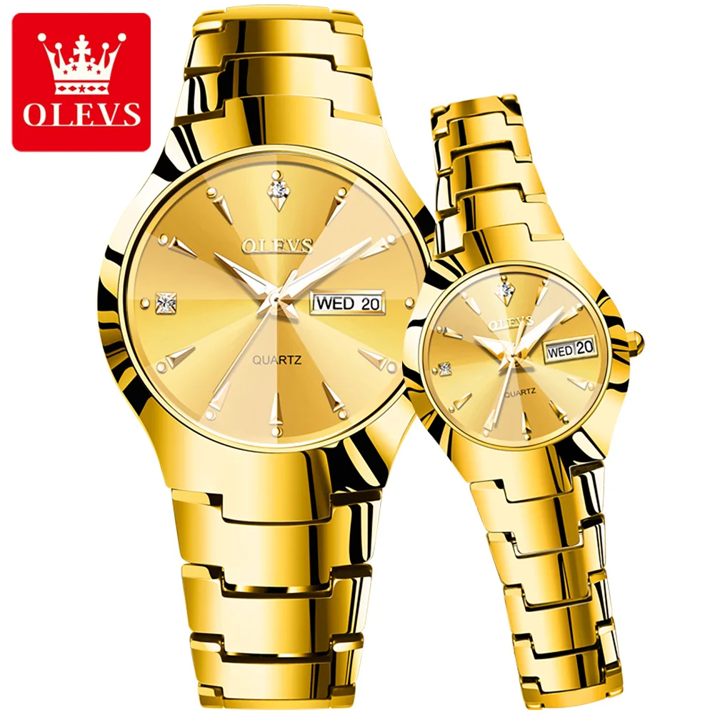 

OLEVS Gold Couple Watch Fashion Tungsten Steel Quartz Watches for Women Mens Top Brand Luxury Week Calendar Lovers Wristwatch