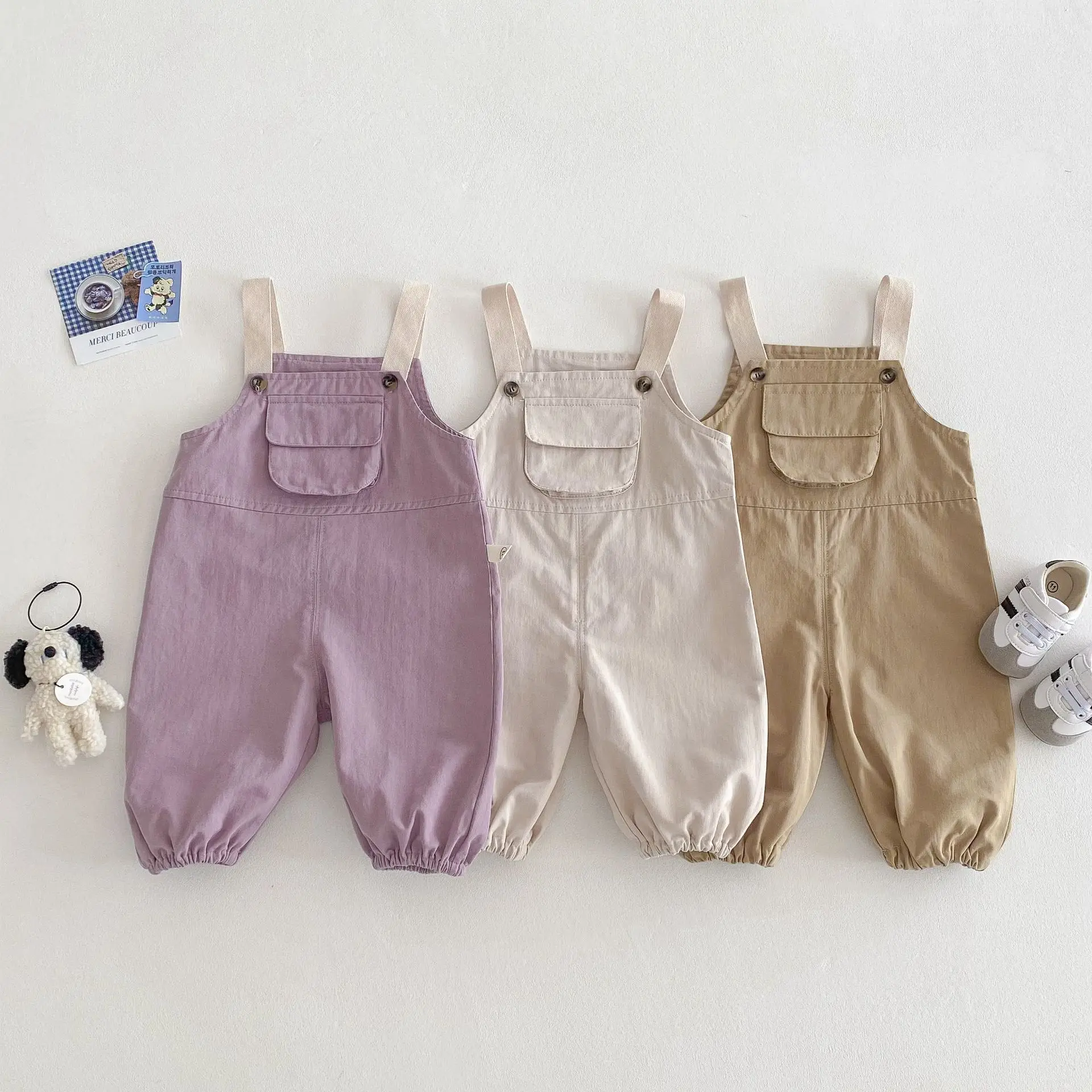 2025 New Kids Overalls 0-5Years Childrn Boy Girl Solid Color Pocket Jumpsuit Cargo Suspender Pant Fashion Bottom Spring Clothes