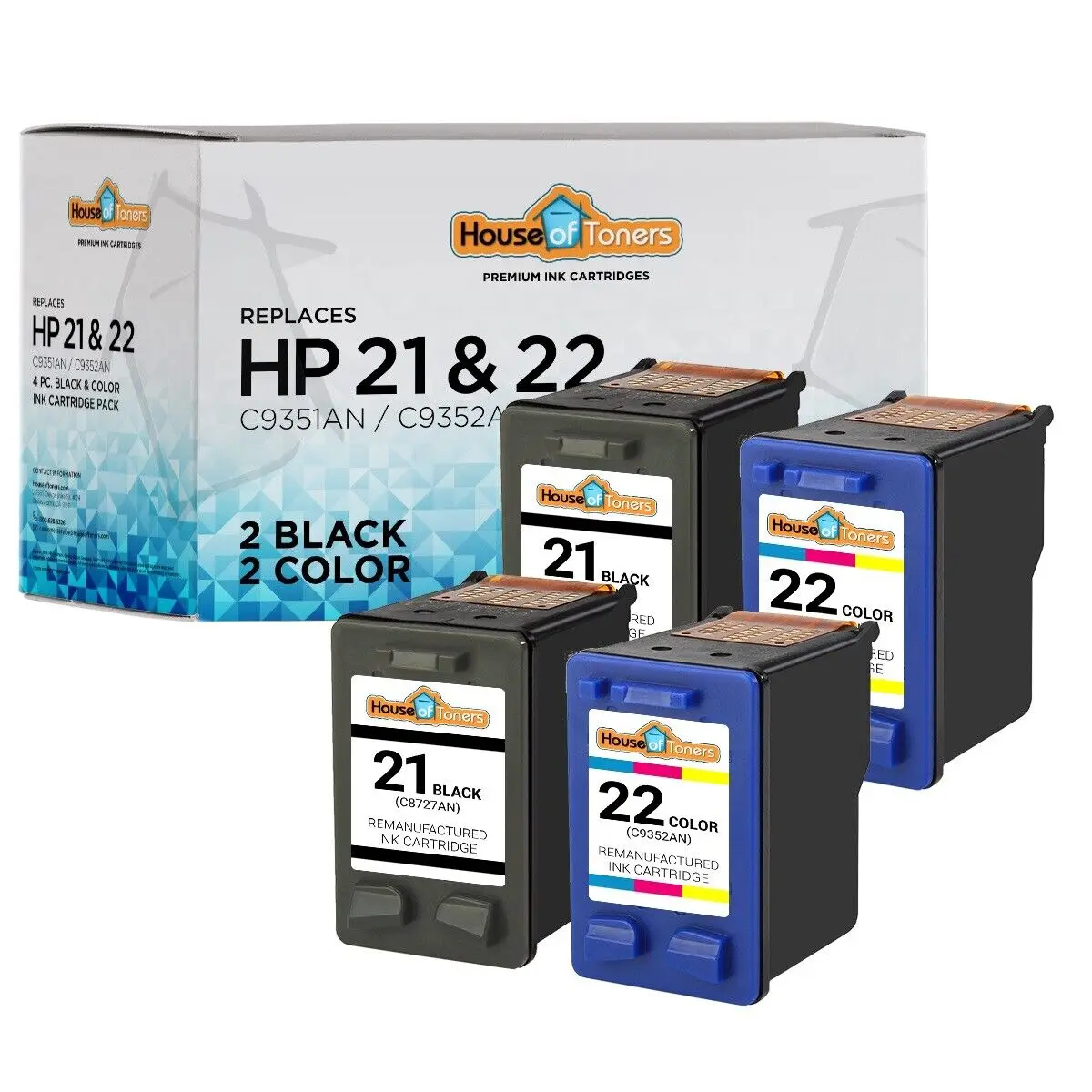 

4 PK for HP 21 & 22 Blk/Clr Ink for Deskjet D1360 D1400 D1550 D2320 D2360 D2400