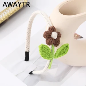 AWAYTR Korean Flower Solid Color Knitted Small Hair Band For Girl Kids Cute Sweet Soft Thin Headband Outdoor Fashion Accessories