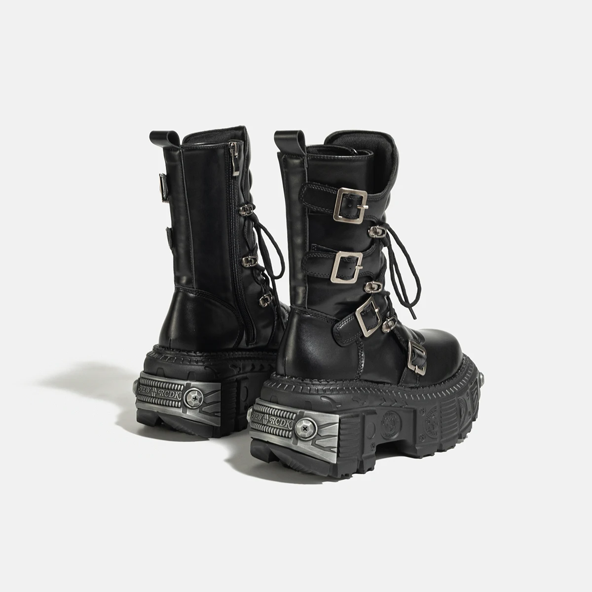 Women Metal Platform Middle Tube 2024 New Dark Punk Increased Lace-up Female Zipper Girl Motorcycle Boots