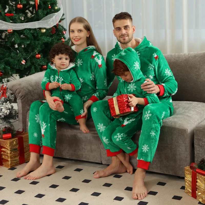 Family Christmas Flannel Pajamas Warm Thick Sleepwear Allover Print Parent-Child Matching Outfits Zipper Hooded Romper Xmas Look