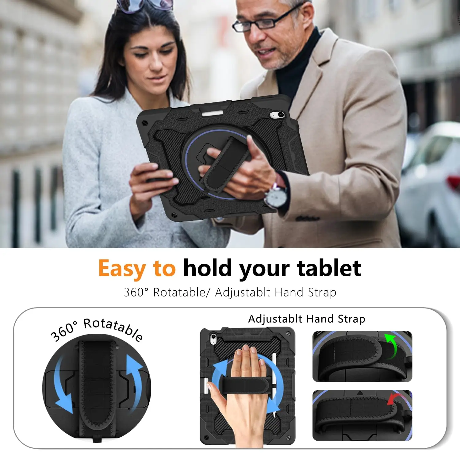 Heavy Duty Rotating Shockproof Tablet Case with Stand and Shoulder Strap - Black