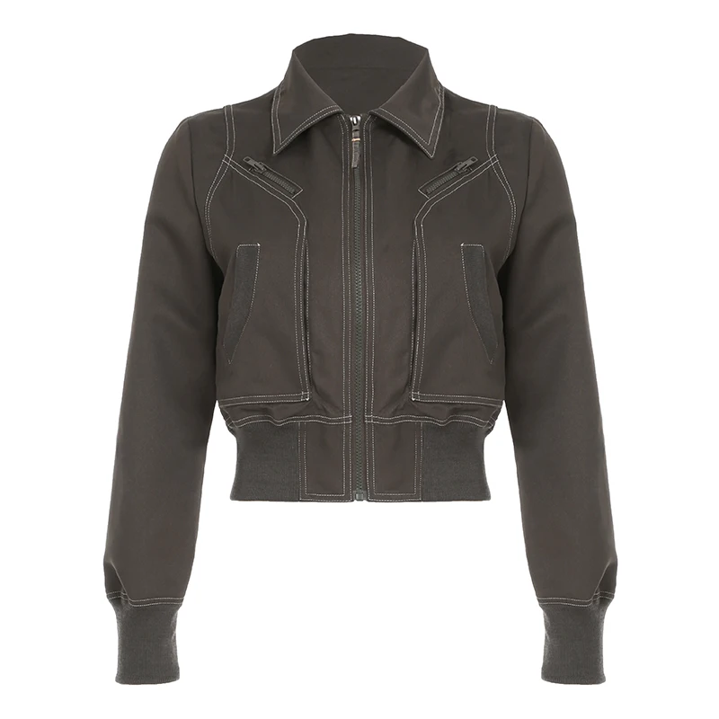 Fashion Y2K Women Cargo Jacket with Zipper Vintage Autumn Casual Stitch Detail Lady Pockets Coat Street Outfits
