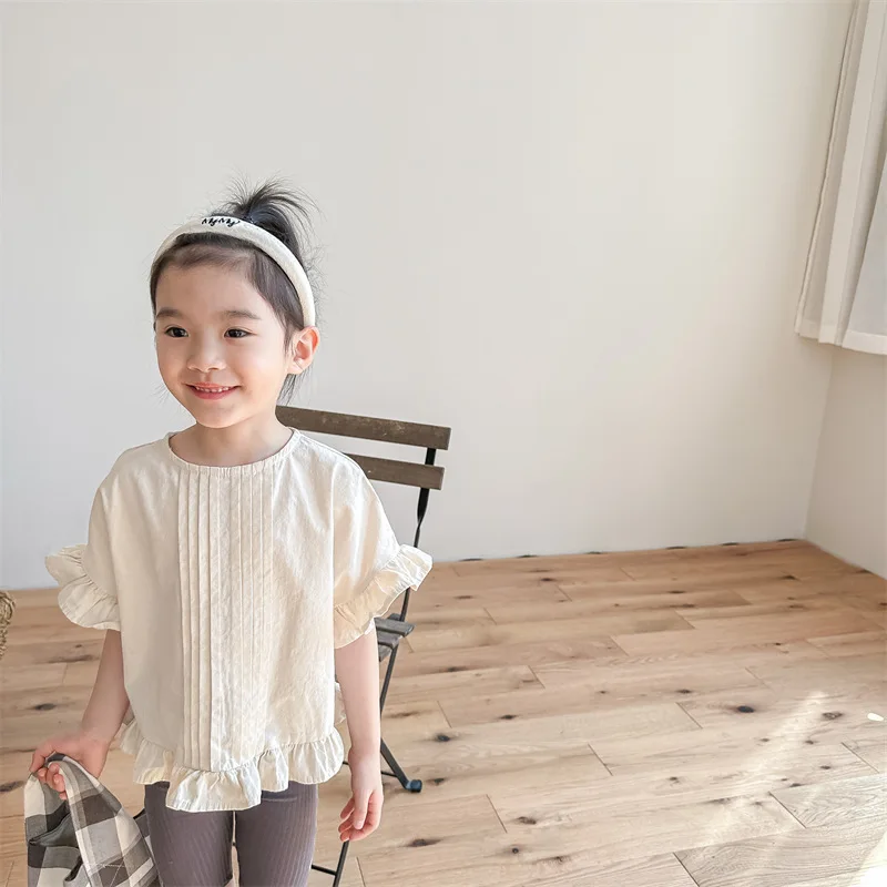 deer jonmi Summer Korean Style Baby Girls Cotton Ruffles Blouses Solid Color Puff Sleeve Tops Toddlers Kids Casual Shirts