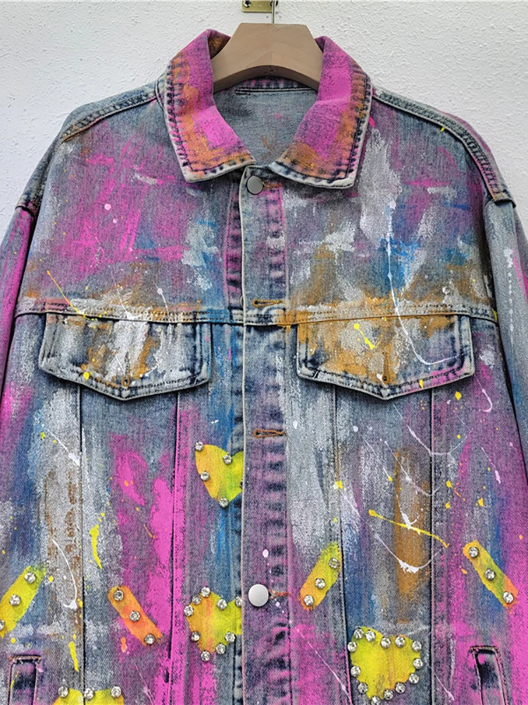 DEAT Women Denim Coat Colorful Heart Shaped Graffiti Hand