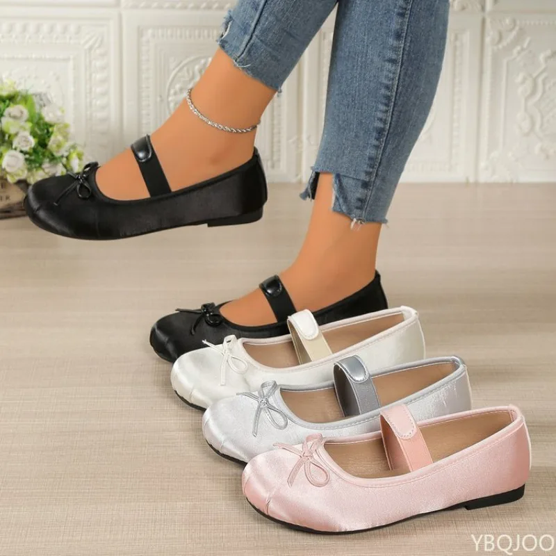 Women's Mary Jane Shoes Ballet Flats Female Bow Silk Satin shoes Round Toe Flat Women Plus Size Shallow mouth shoes 2026