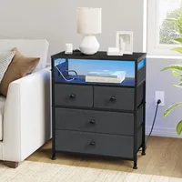 Nightstand with Charging Station, Bedside Table with 4 Drawers and 2-Tier Shelf, Modern End Table with Wooden Top for Bedroom, 2