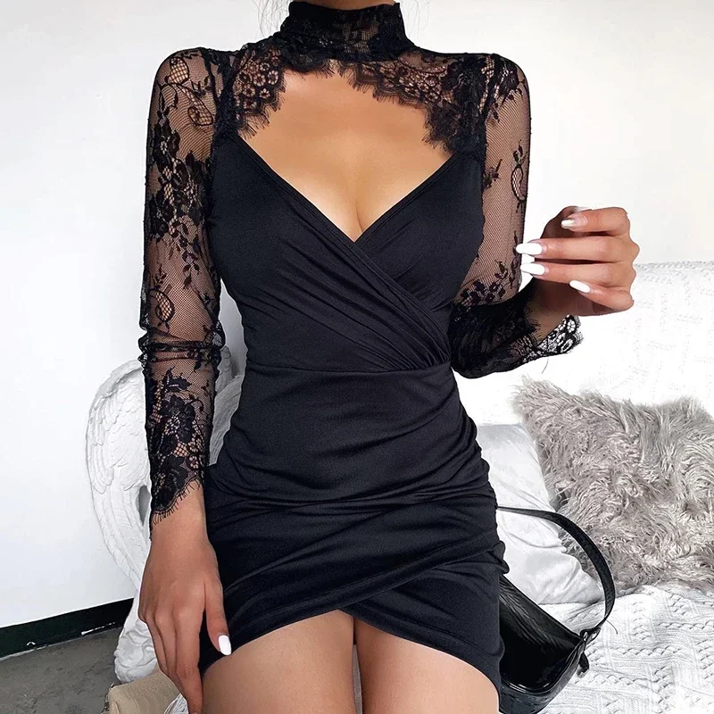 

Black Dress Women V-Neck Patchwork Lace Long Sleeve Bodycon Dress Slim Fit Asymmetry Hem Ruched Party Dresses Robe De Soiree