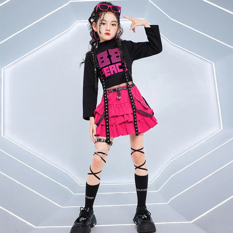 Girls Jazz Dance Clothes Hip Hop Fashion Suit Kids K-Pop Stage Performance Costume Black Tops Pink Skirt Pants Dance Wear AMY804