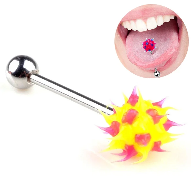 4/10pc Colorful Silicone Spike Ball Tongue Rings Women Stainless Steel  Tongue Piercing Barbell Tongue Bar Funny Body Jewelry 14G