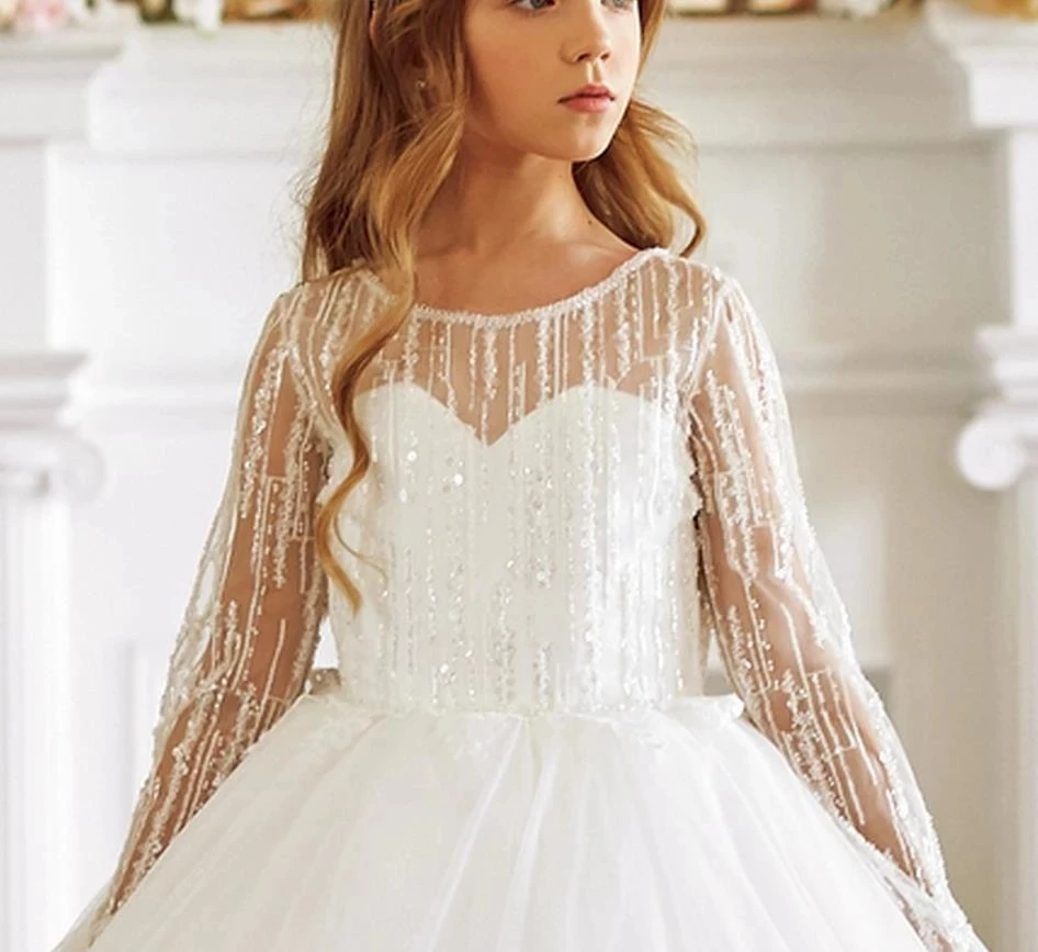 

New Arrival Long Flower Girl Dress For Wedding Glitter Lace Tulle Full Sleeves Princess A-Line First Communion Dress
