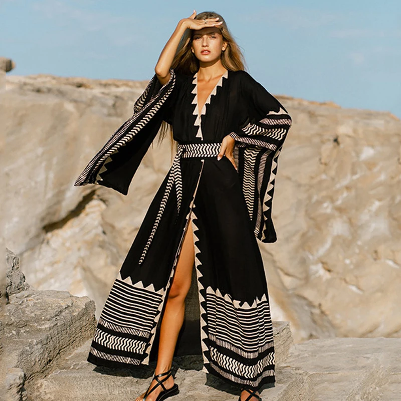 2022 Women Swimsuit Cover Up Tunic Kaftan Beach Tunic Dress Robe De Plage Print Chiffon Pareo High Collar Beachwear mesh bathing suit cover up Cover-Ups