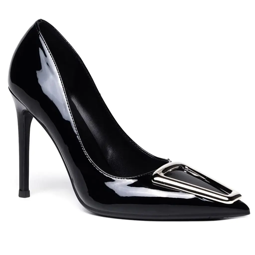 Spring and summer new pointed patent leather square buckle shoes thin high-heeled banquet large size small size women's sandals 2