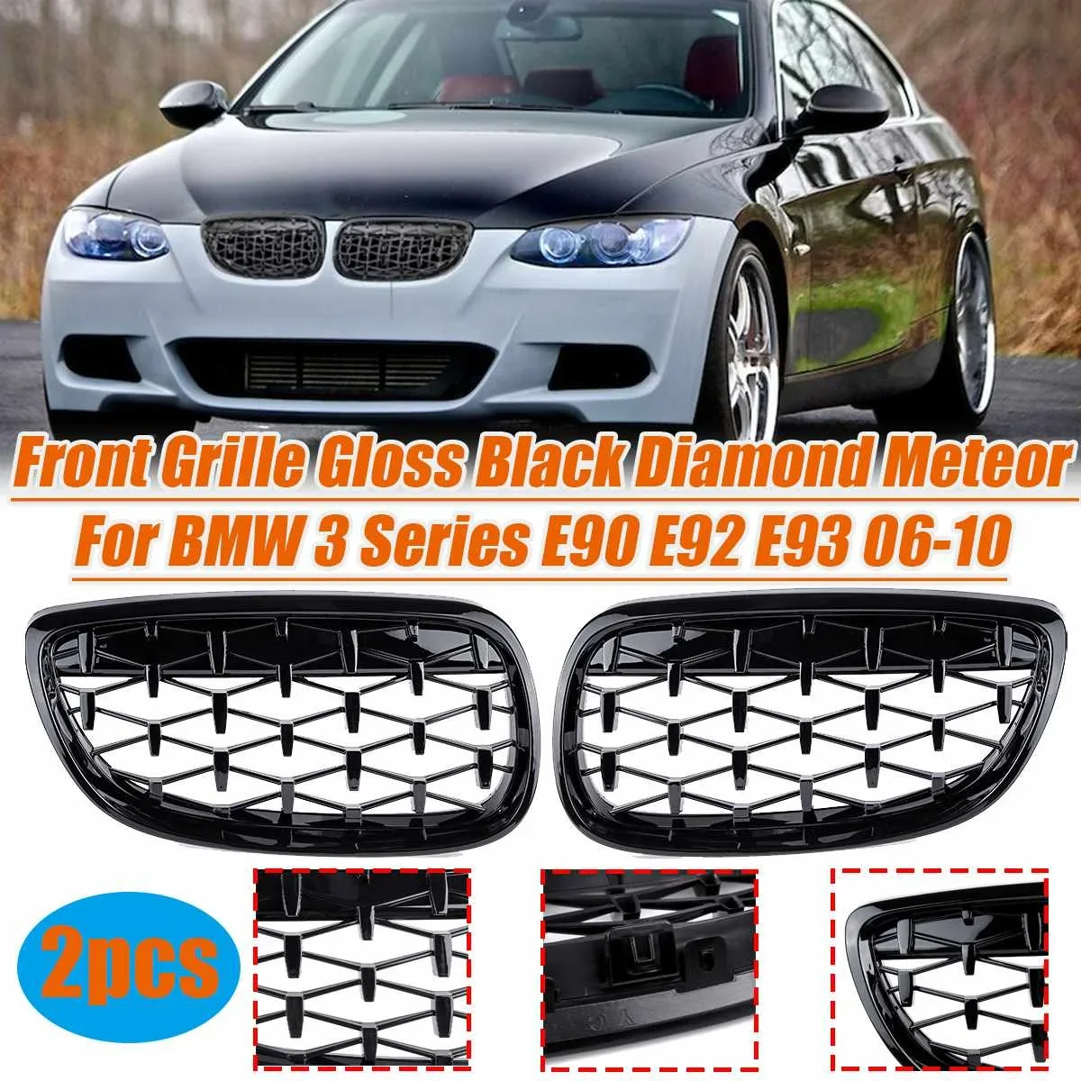 

ABS Pair Car Front hood Grille Diamond Style Meteor For BMW 3 Series E90 E92 E93 Black Chrome Chrome Gloss Black Racing Grills