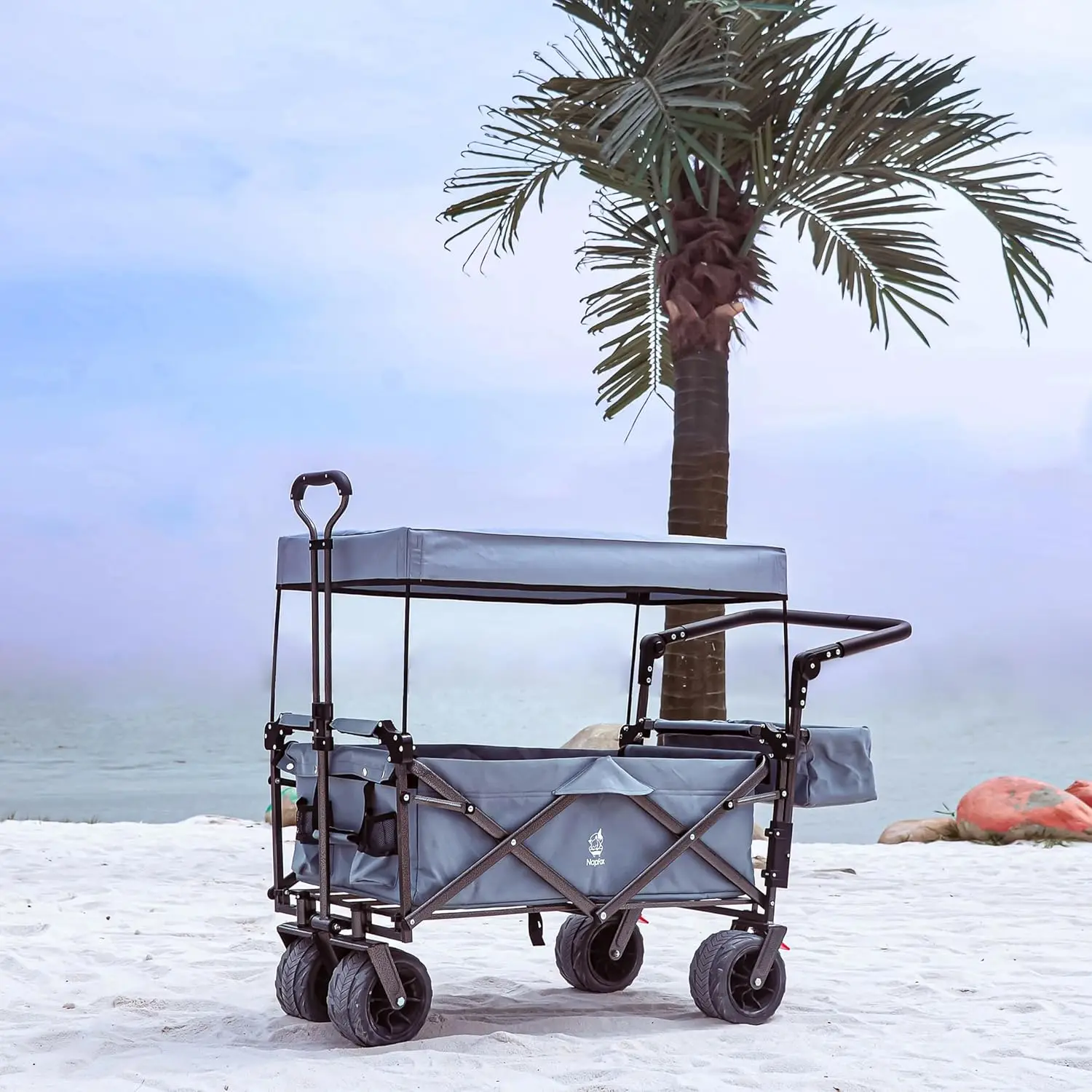 Wagon Heavy Duty Folding Wagon Cart with Removable Canopy, 4" Wide Large All Terrain Wheels, Brake, Adjustable