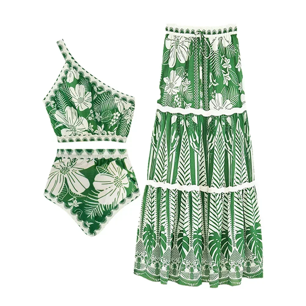 Floral Print Two Piece Swimsuits Cover Up Fashion High Waist One