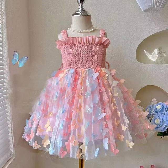 New Baby Girls Birthday Party Evening Dresses Summer Butterfly Wings Children Clothes Sweet Colorful Toddler Kids Costume 2