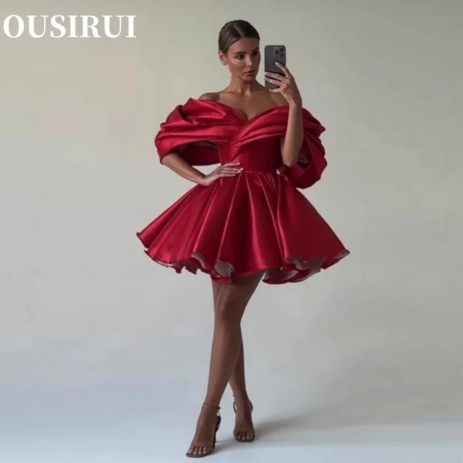 

Evening Gowns Girl Pleat Party Dress Short Prom Dress Red Off The Shoulder Above Knee Satin Formal Vestidos De Graduación