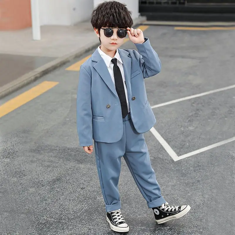 

2024 New Korean Baby Boys New Spring Autumn Boy Suit Gentleman Set Khaki Tailored Suit Coat+Pants Children Wedding Party Clothes