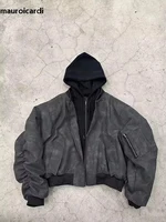 Mauroicardi Spring Oversized Vintage Black Faux Suede Leather jacket Men Zipper Fake 2 Piece Luxury Designer Clothes Hoodie 2024 1