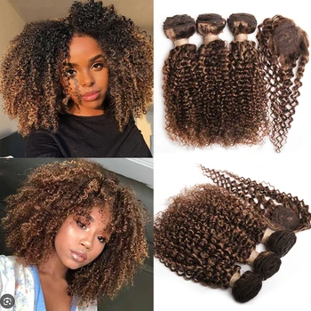 Ombre Curly Human Hair Bundles with Closure Brazilian Hair Weave 3 Bundles Deals Kinky Curly Hair Bundles with Closure for Women