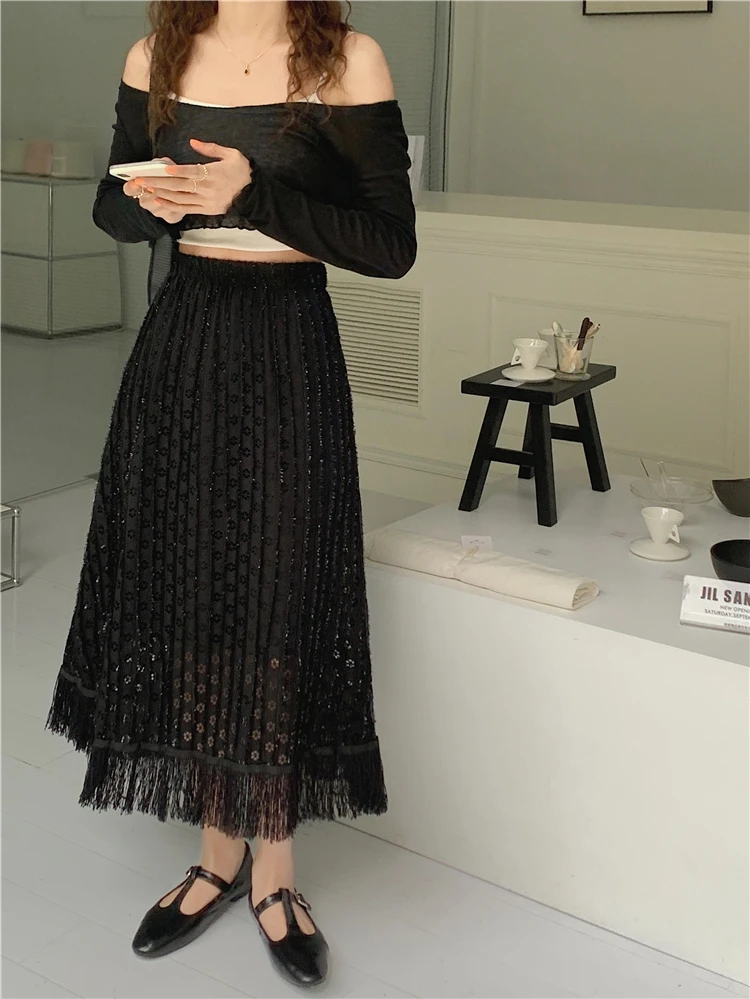 Hollow Lace Knitted Skirt Tassels Pleated Long Skirts Korean Elegant Casual Elastic High Waist Skirt Black Apricot Spring Summer white pleated skirt