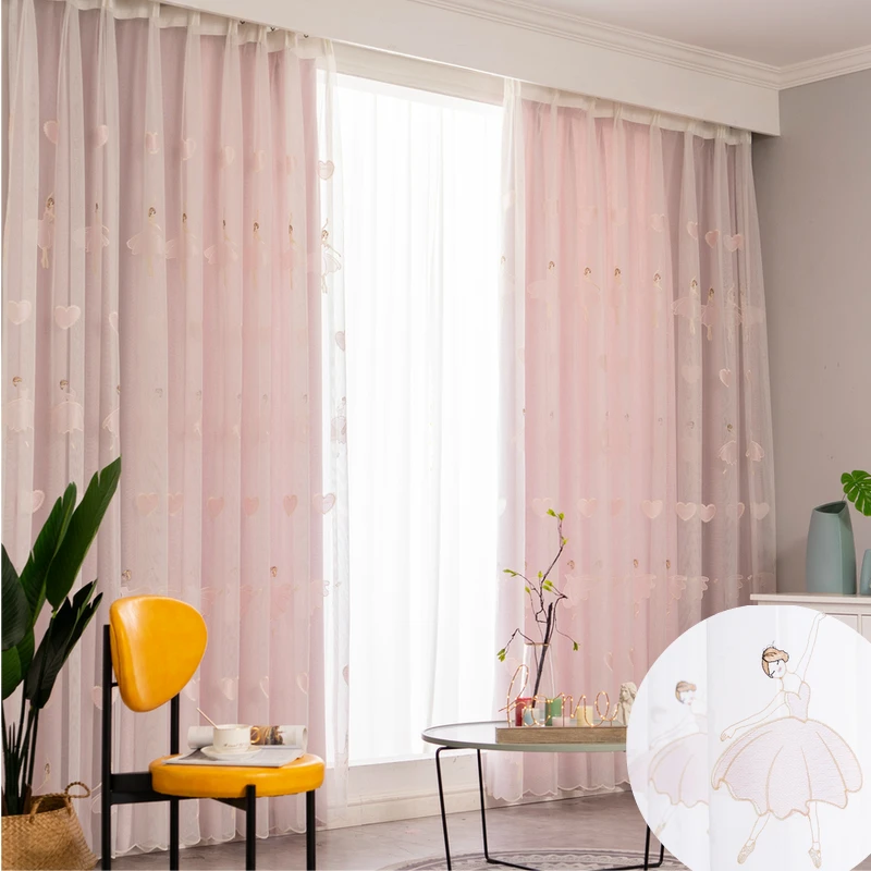 

Pink Sweet Princess Curtains for Living Room Balcony Bedroom Embroidered Window Screen Bay Window Partition Semi-Shading