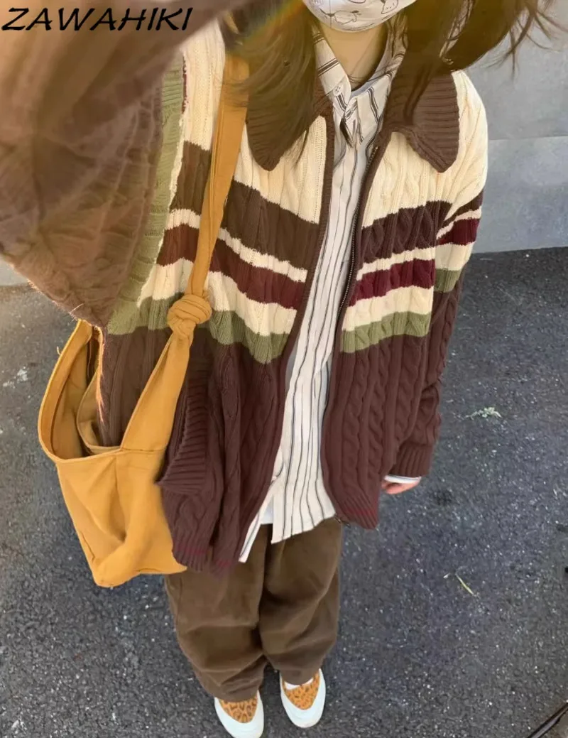 

ZAWAHIKI Vintage Striped Contrast Color Loose Spring Autumn Knitted Cardigan Tops Fashion Casual Zip-up Chic Sweaters for Women