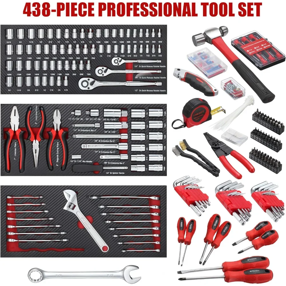 for 438-Piece Mechanics Tool Set with 3-Drawer Heavy Duty Metal Box Repair Tool Kit 2