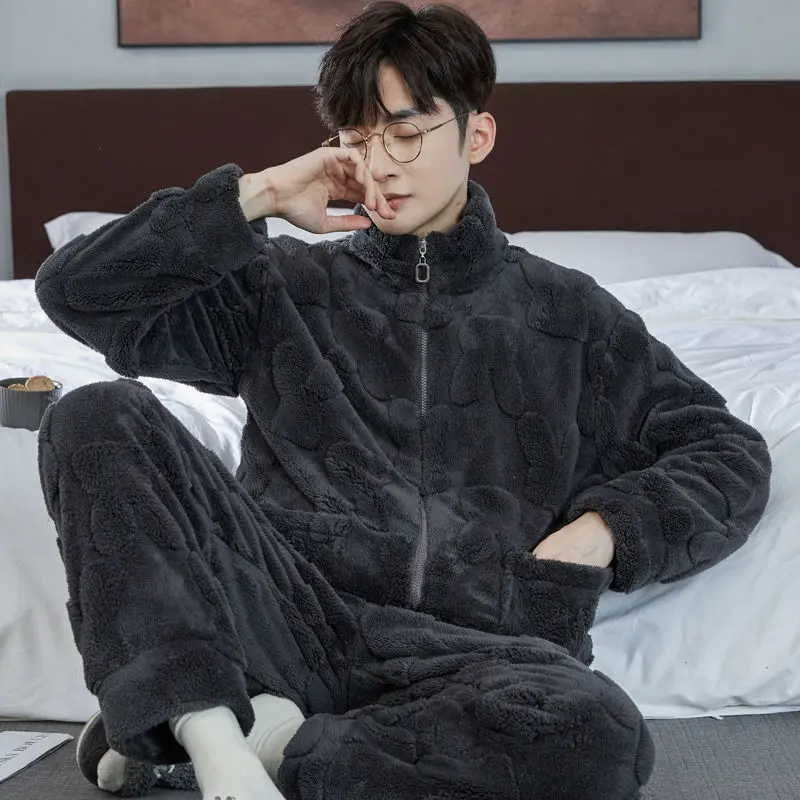 2024 New Men's Pajamas Outside Wear Coral Velvet Homewear Autumn Winter Zippers Sleepwear Handsome Flannel Home Clothing Set