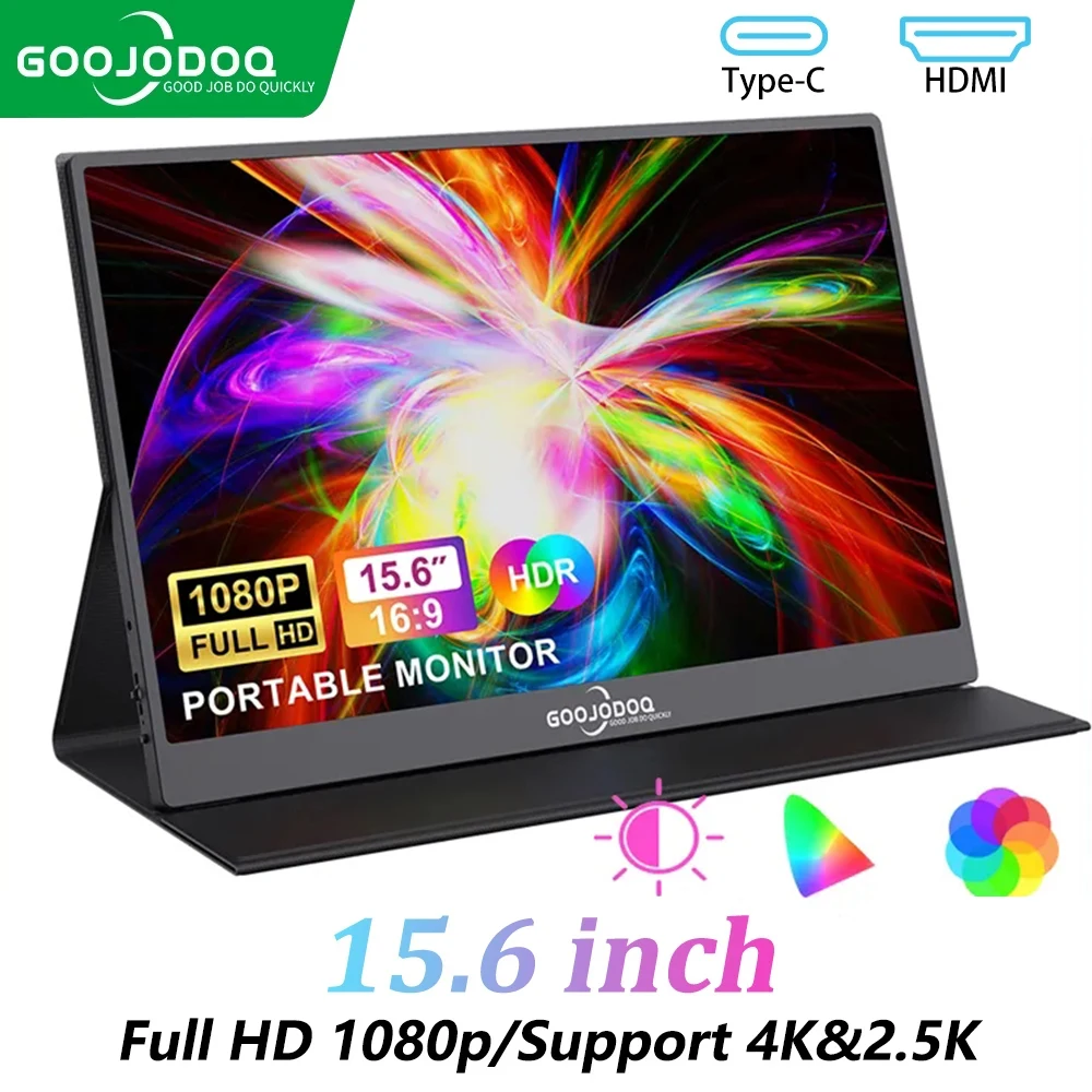 노트북  GOOJODOQ 휴대용 게이밍 모니터, 노트북 PC 휴대폰 맥 Xbox PS5 PS4 스위치용, 15.6 인치 IPS HDR 1920x1080 FHD, GJ20 
