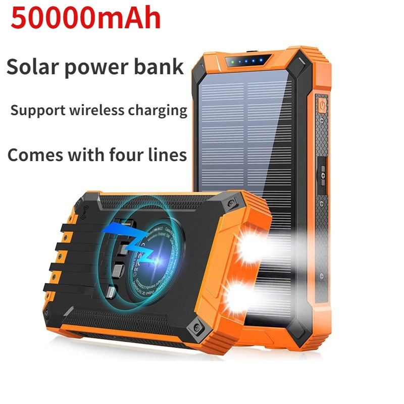 50000Mah Qi Wireless Charging Solar Power Bank Outdoor Con Cavo Power Bank Con Luce A Led Per Iphone 14 Xiaomi Samsung