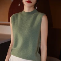 Women Sleeveless Tank High Quality Wool Knit Vest Tops All Seasons Half High Collar First-Line Ready-To-Wear Soft Solid Camisole