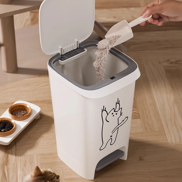 1pcs Cartoon Cat and Dog Pattern Trash Can Foot Operated Press Type Cat Litter Storage Bucket Closed Odor Proof Garbage Bin 3