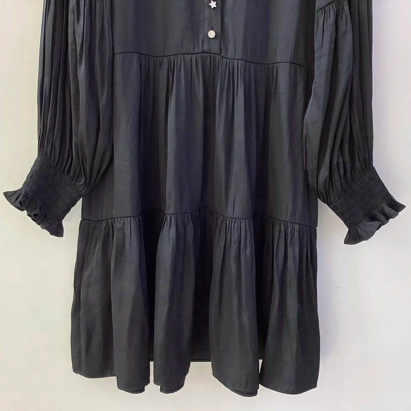 Zadig O-Neck Dress Female Casual Folds Black Dresses Women Long Puff Sleeve Robes Lady Diamond Buttons Robe Casual Loose Jupe 5
