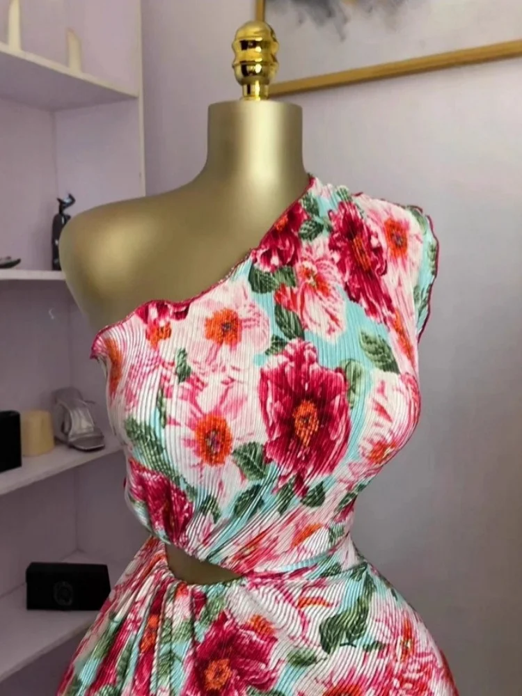 Wmstar Dress Women Wholesale Stock 2025 Cross Border Bohemian Slanted Neck Backless Cinched Waist Slimming A Line Printed Long