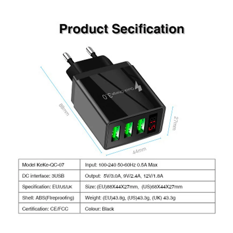 3.0 멀티 포트 USB 충전기, 아이폰, 삼성 태블릿, EU, 미국 플러그, 벽 고속 충전, 휴대폰 충전기 어댑터