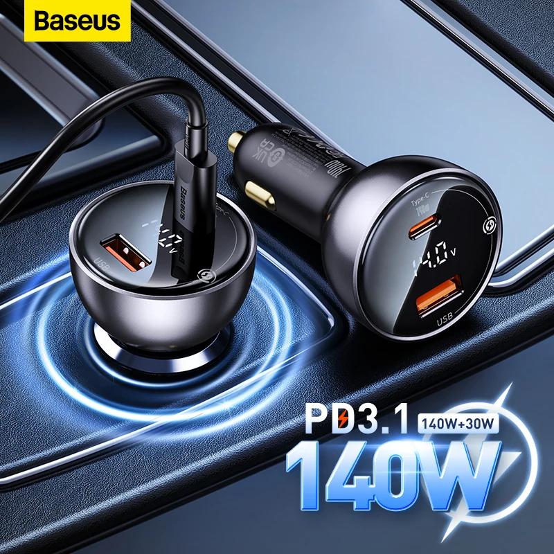 Baseus 140W PD3.1 Car Charger Fast Charging QC3.0 Quick Charge For