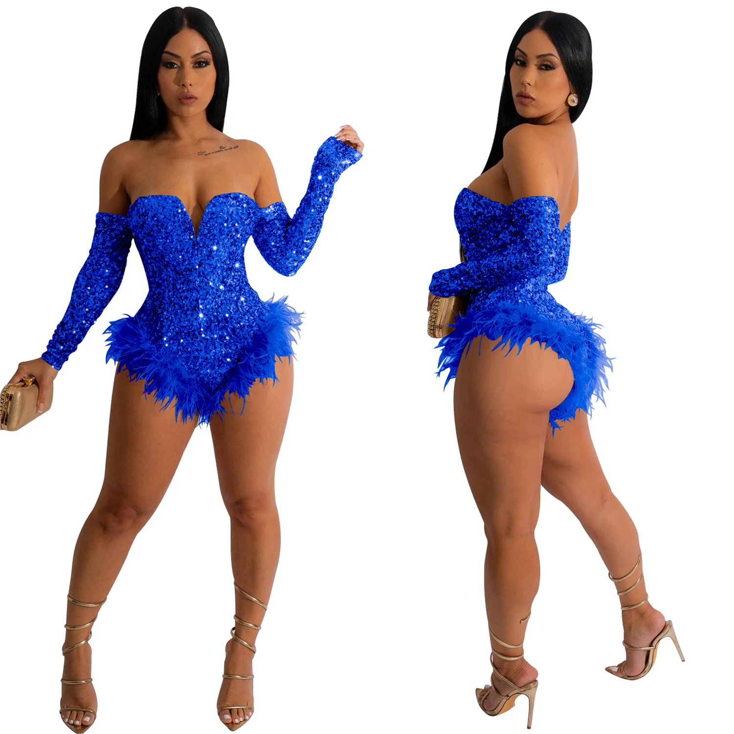 EINYOO Women's Off-Shoulder Long Sleeve Playsuits Sequin Prom Sexy Dancing Jumpsuit Bodysuits Feather Club Dress Traf Y2K Zevity