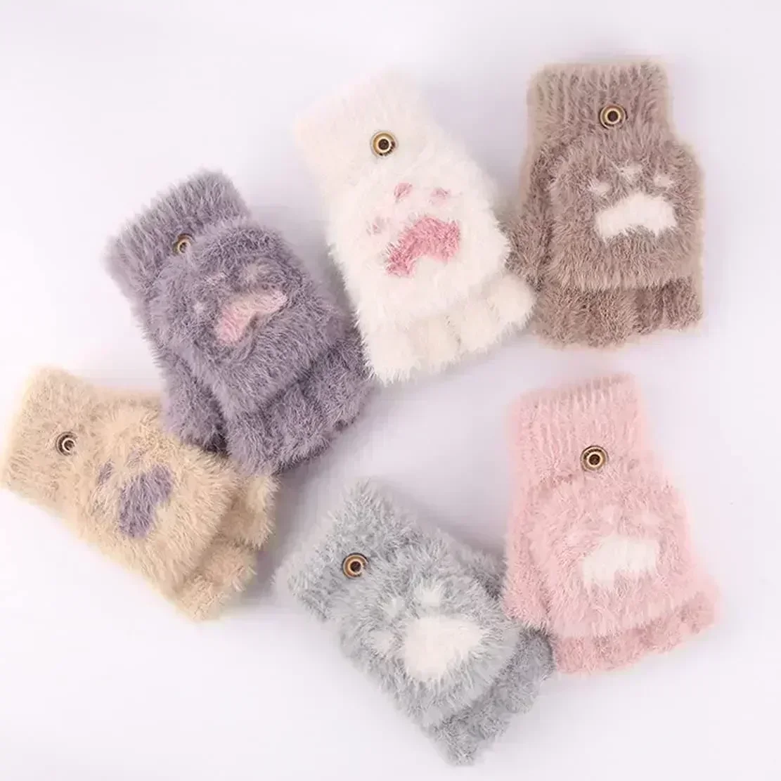 Cartoon Cat Paw Gloves Fingerless Flip Mittens Winter Warm Fleece Touch Screen Gloves Flip Knit Mittens For Women Girls paw patrol gloves cat gloves winter gloves